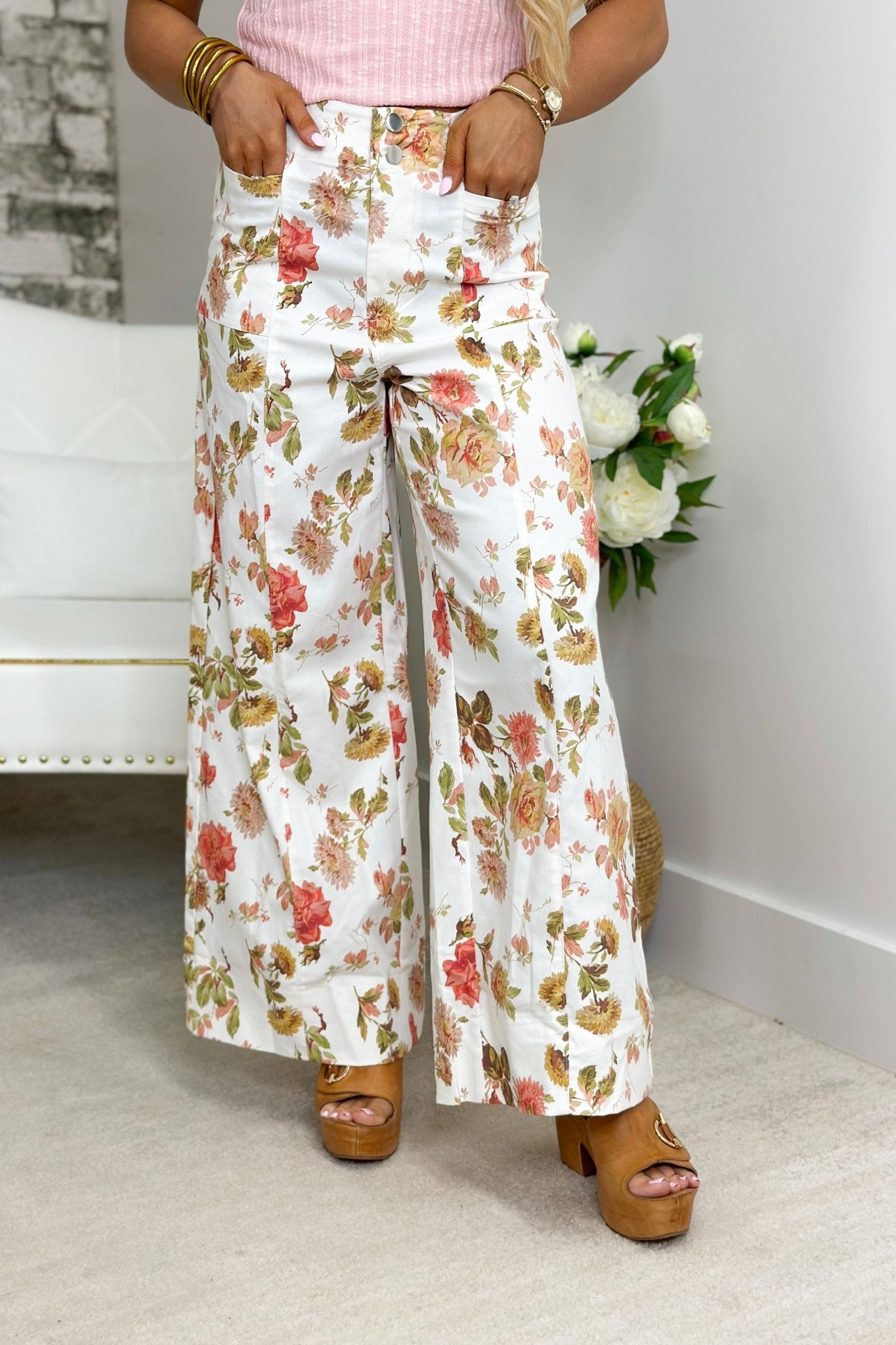 Off White Mix Floral Print Wide Leg Pants - Lavish BoutiqueBottoms