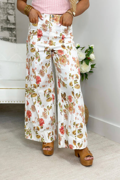 Off White Mix Floral Print Wide Leg Pants - Lavish BoutiqueBottoms