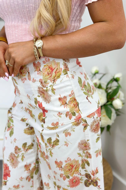 Off White Mix Floral Print Wide Leg Pants - Lavish BoutiqueBottoms