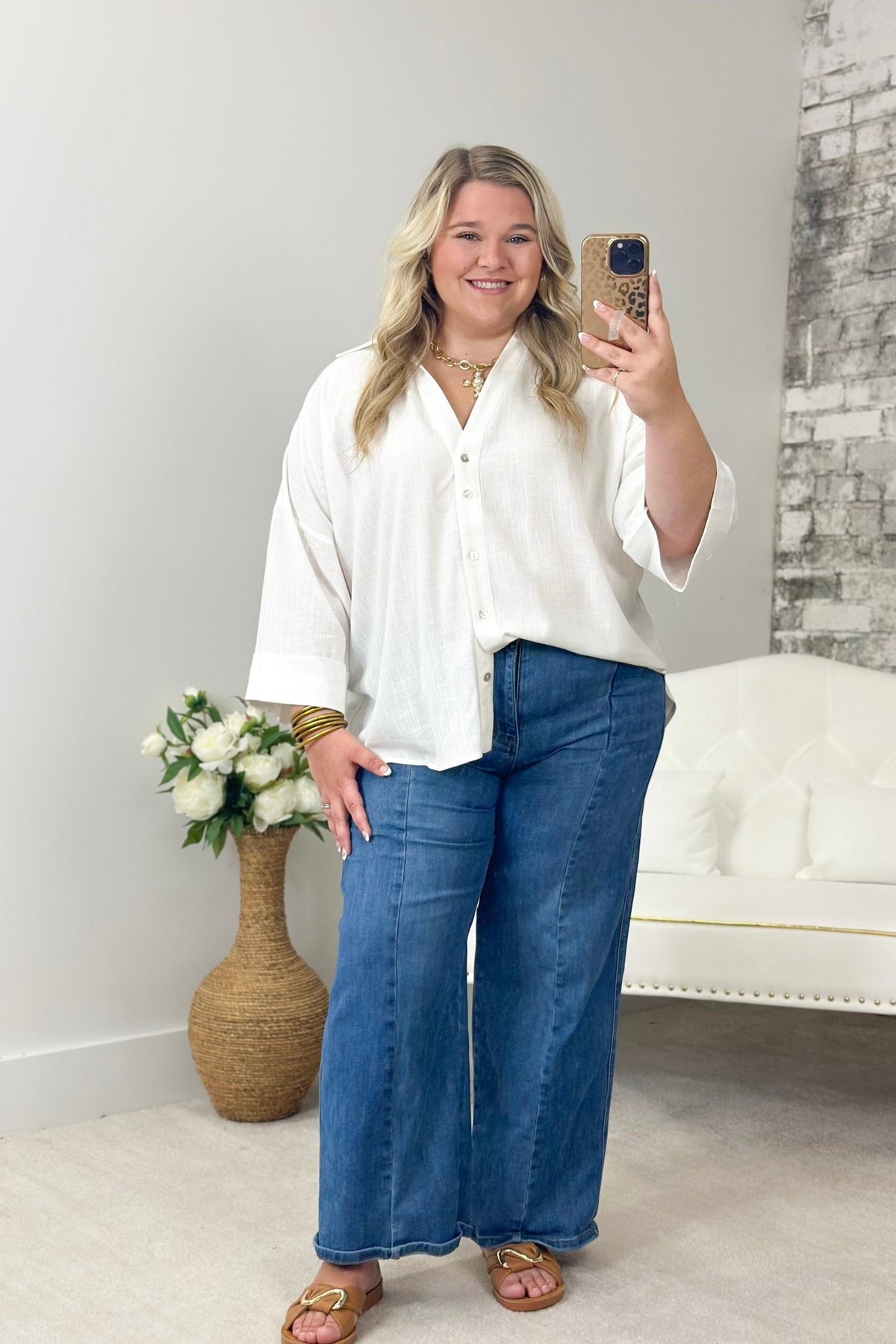 Off White Woven Button Front Top - Lavish Boutique Tops