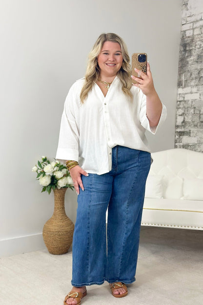 Off White Woven Button Front Top - Lavish Boutique Tops