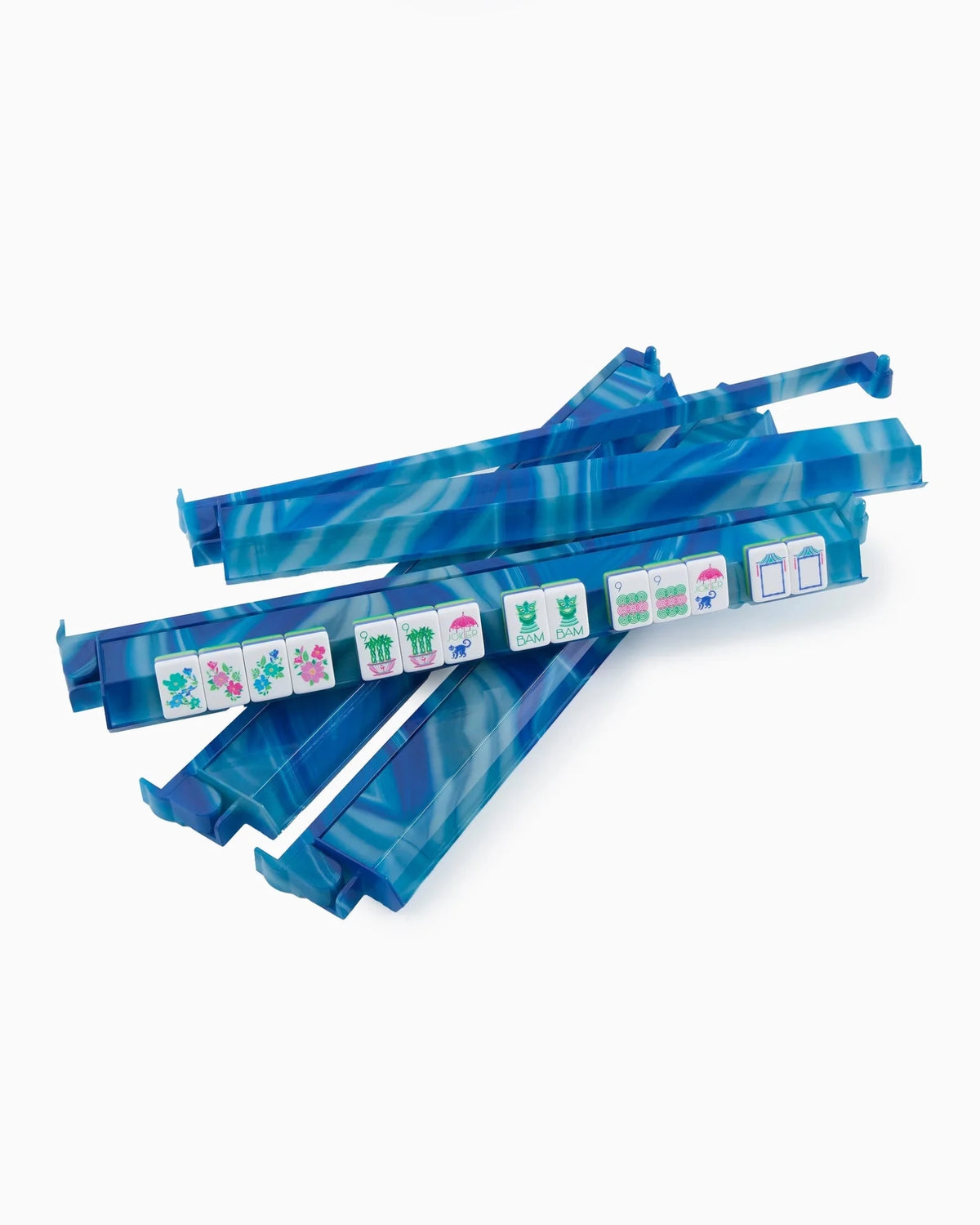 Set of mahjong racks and pushers in blue lace agate