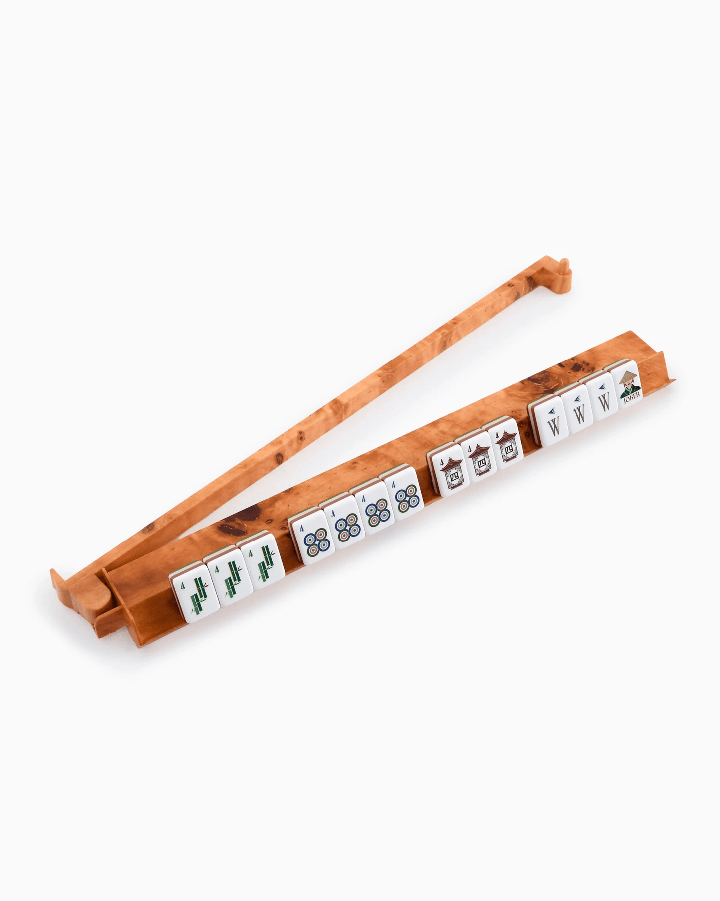 Mahjong tile racks with pushers in a burl finish