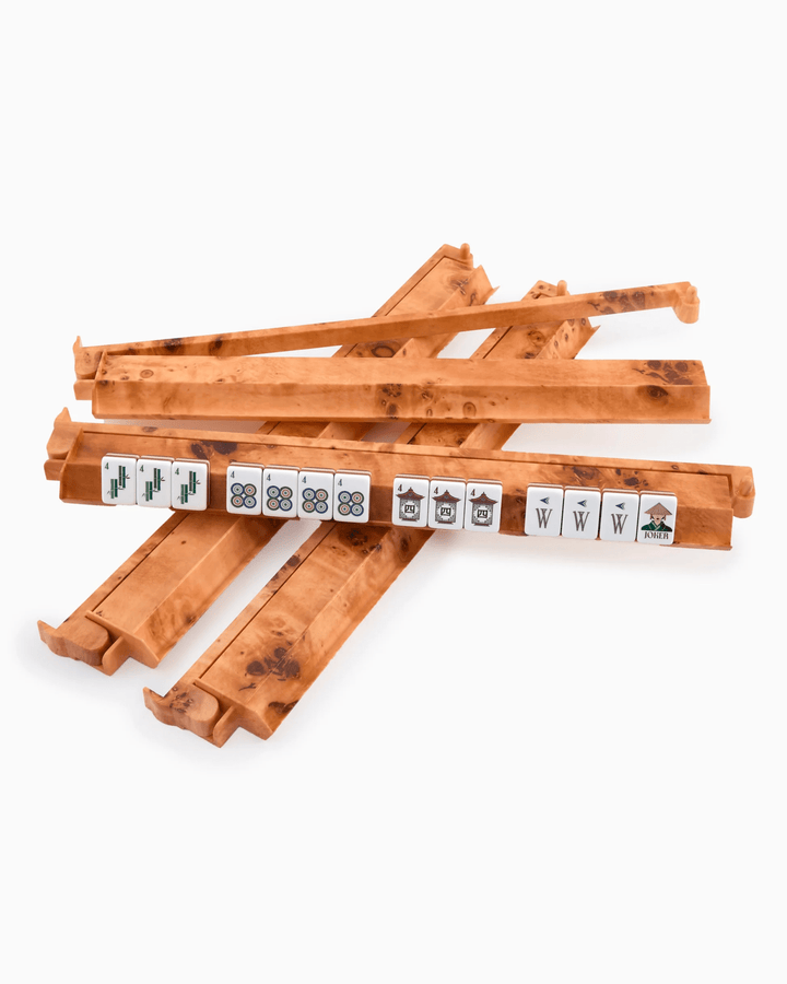 Burl wood pattern mahjong rack and pusher set