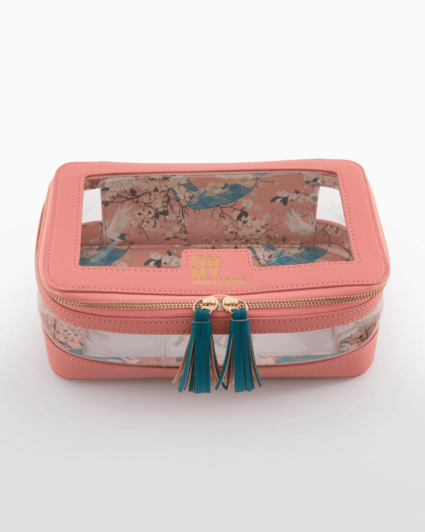 Coral pouch sized to hold a mahjong tile set