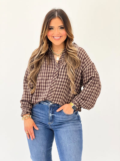 Olivaceous Ruffle Neck Plaid Top - Lavish Boutique01-TOPS