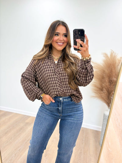 Olivaceous Ruffle Neck Plaid Top - Lavish Boutique01-TOPS