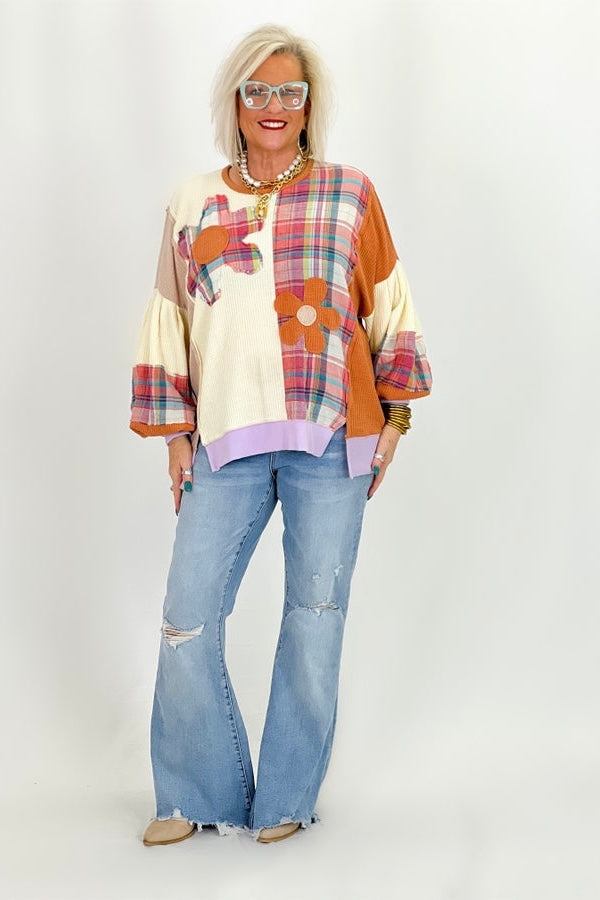 Ivory Combo Long Sleeve Plaid Mix Top