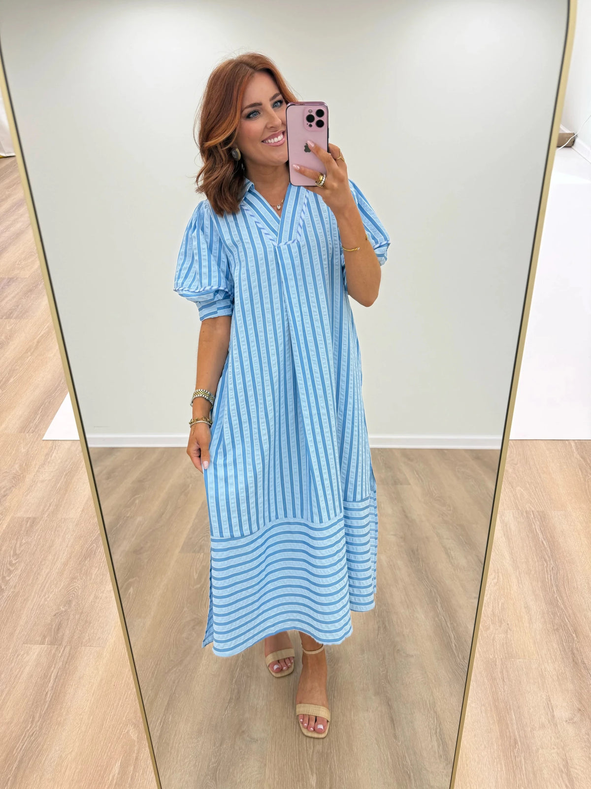 Midi length striped dress with an easy, unstructured fit