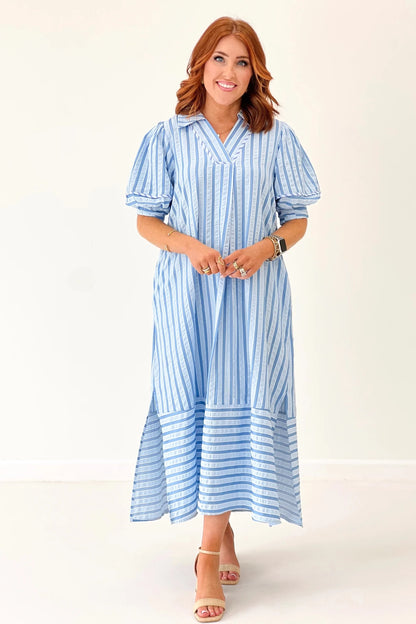 Open collar striped dress cut for warm weather