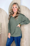 Olive V-Neck Side Slit Long Sleeve Top