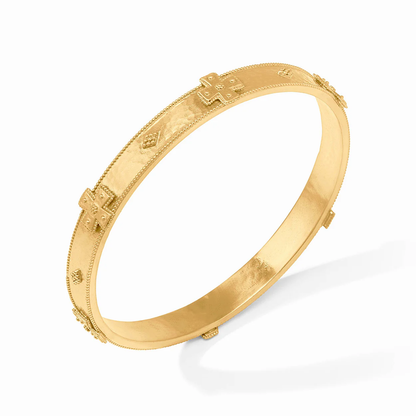 Gold-tone medium bangle with engraved cross motif and hinged clasp detail