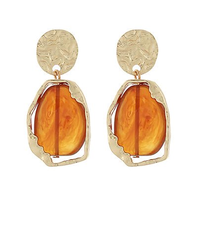 Brown oval stone dangle earrings in gold settings