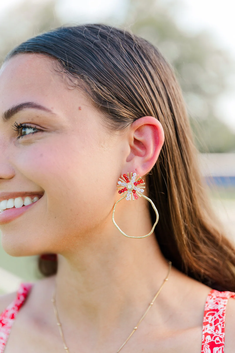 Red and White Sequin Sunburst Hoop Earring