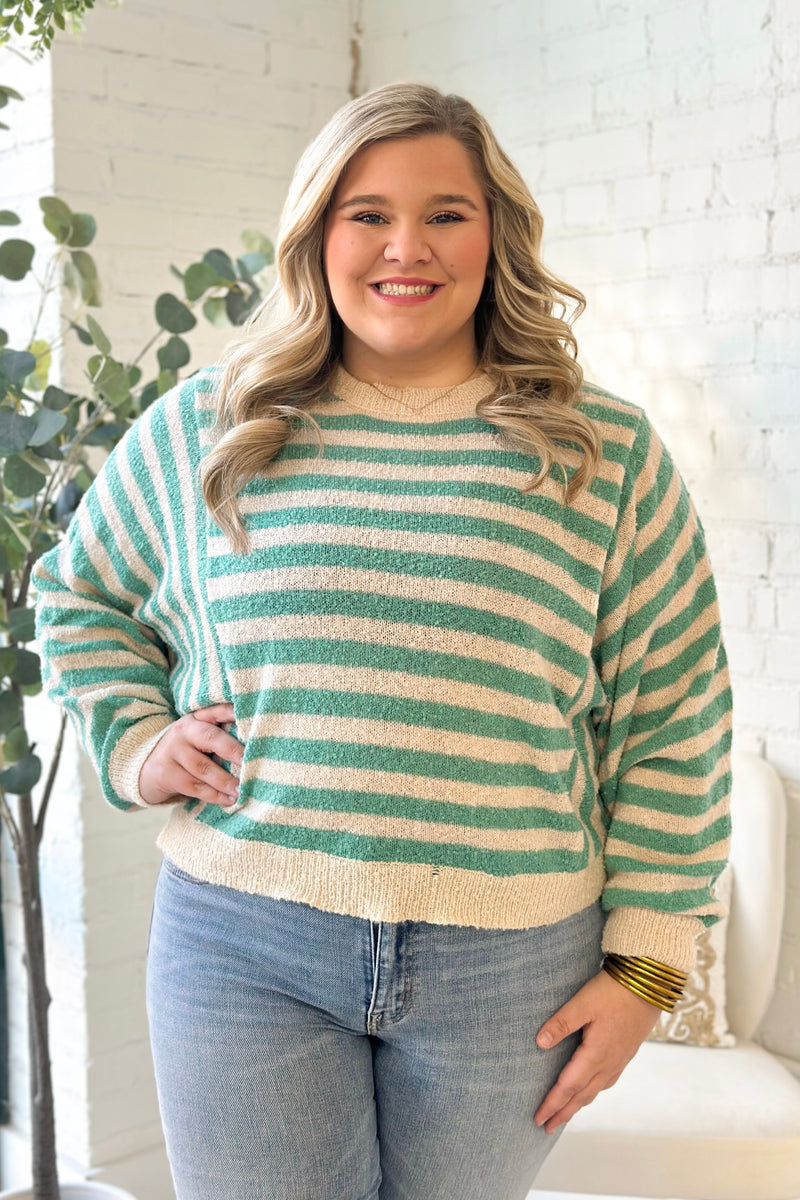 Jade and Taupe Striped Batwing Sleeve Sweater