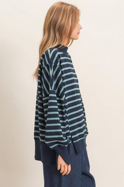 Hyfve Striped Mock Neck Sweatshirt in Navy/Sage