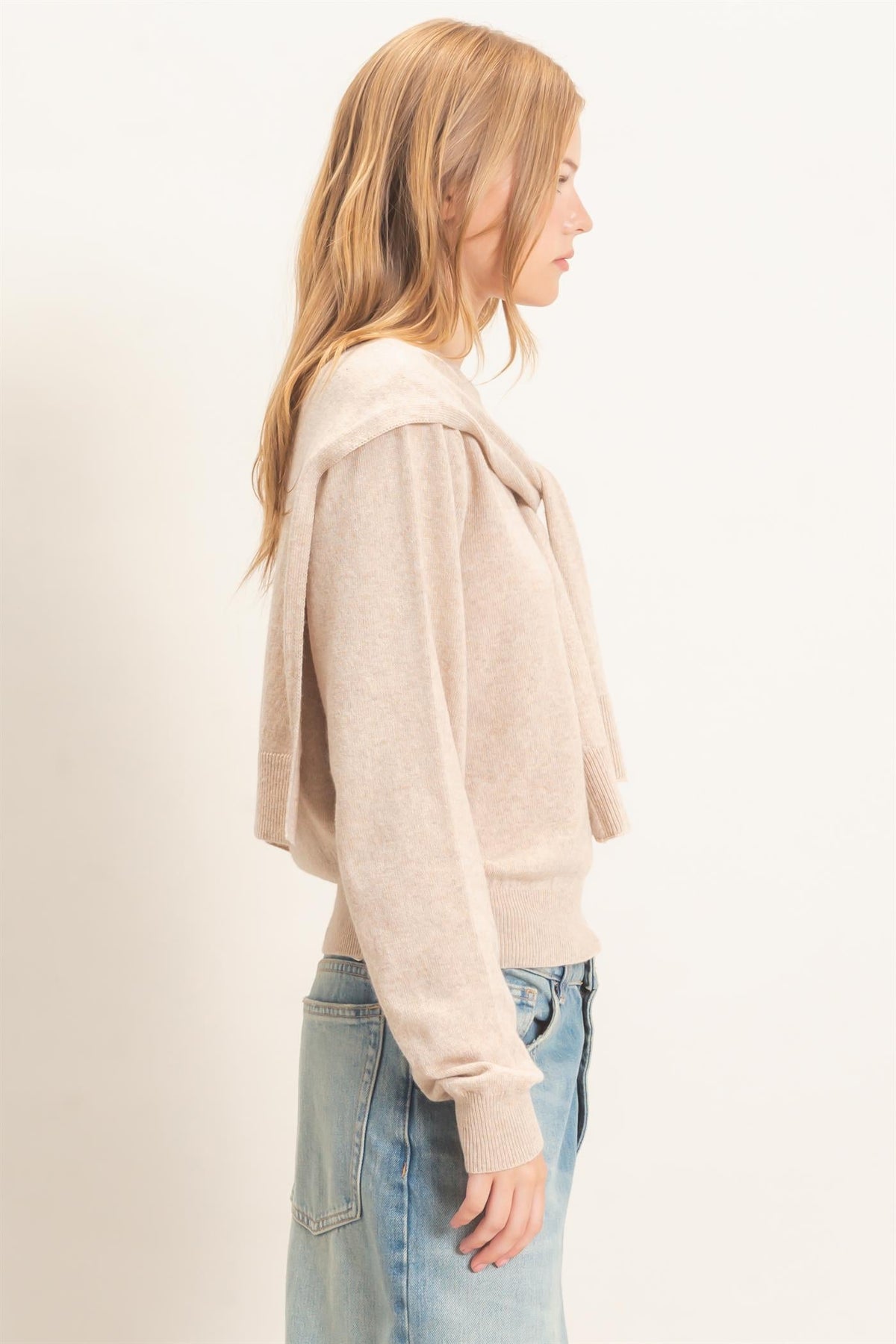 Hyfve Crew Neck Sweater With Faux Wrap in Beige
