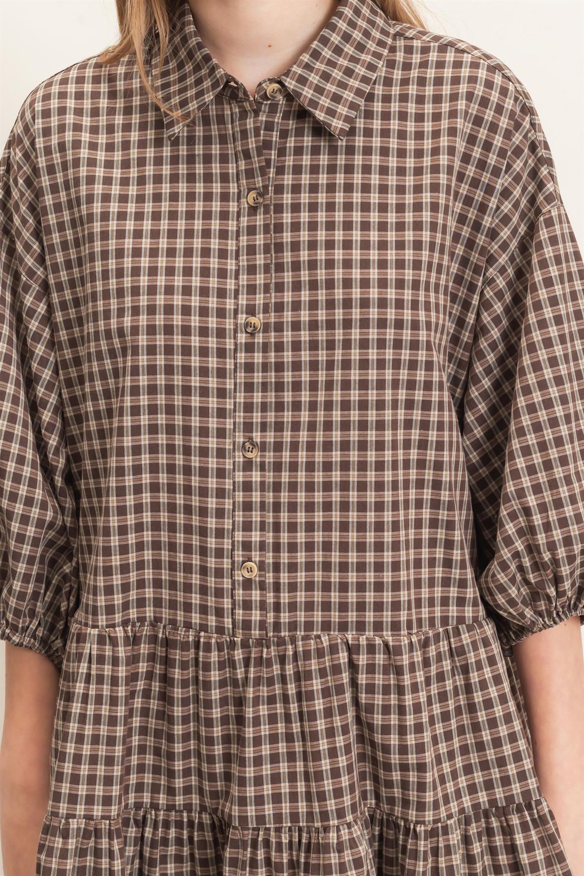 Hyfve Plaid Button-Down Tiered Dress in Brown