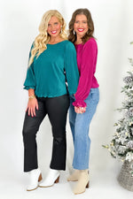 Magenta Ribbed Scallop Long Sleeve Top