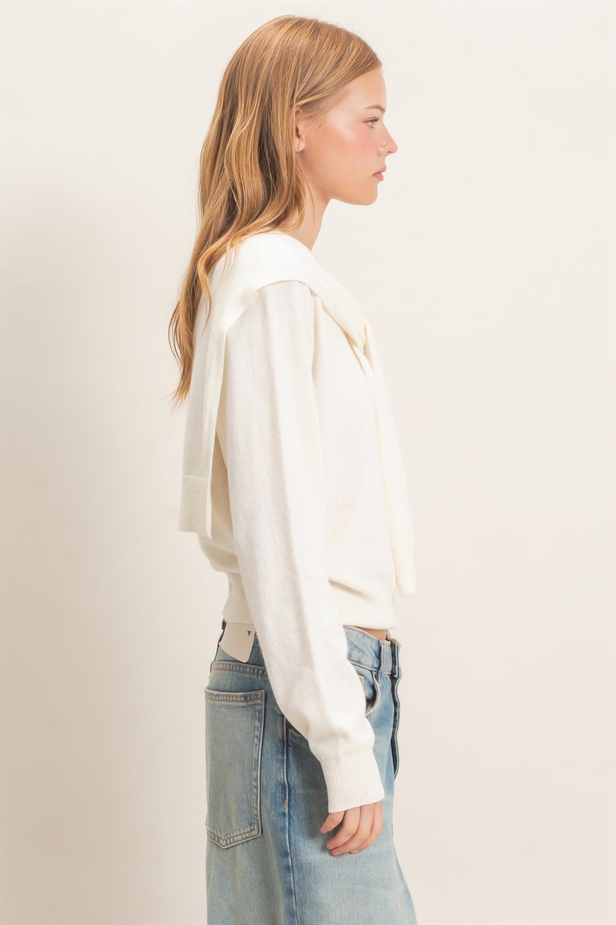 Hyfve Crew Neck Sweater With Faux Wrap in Cream