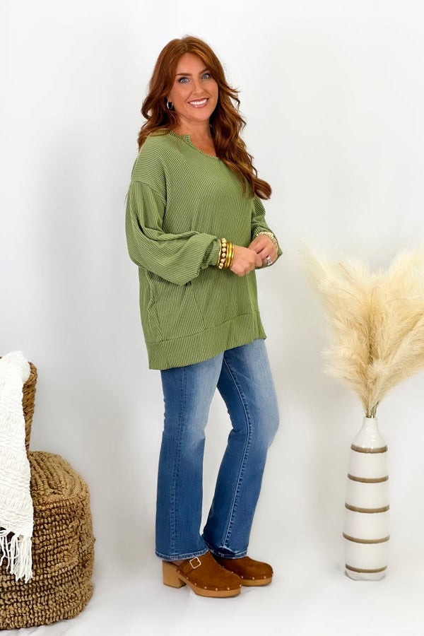 Olive Ribbed V-Neck Top