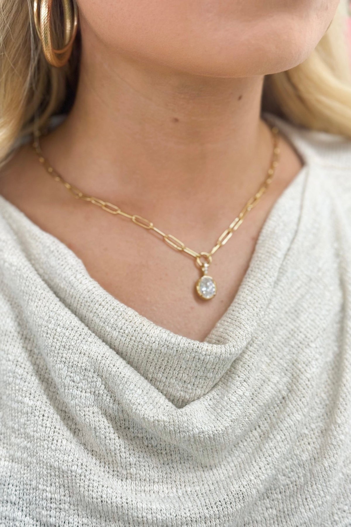 Paperclip chain necklace with clear pave stones