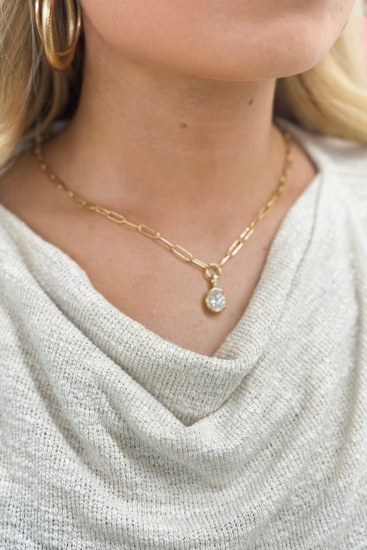 Paperclip chain necklace with clear pave stones
