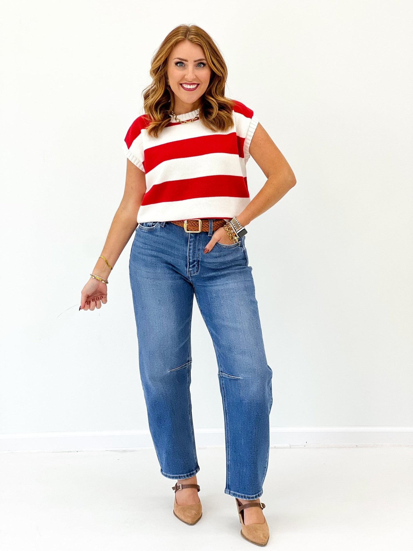 Papermoon Short Sleeve Striped Sweater - Lavish Boutique01-TOPS