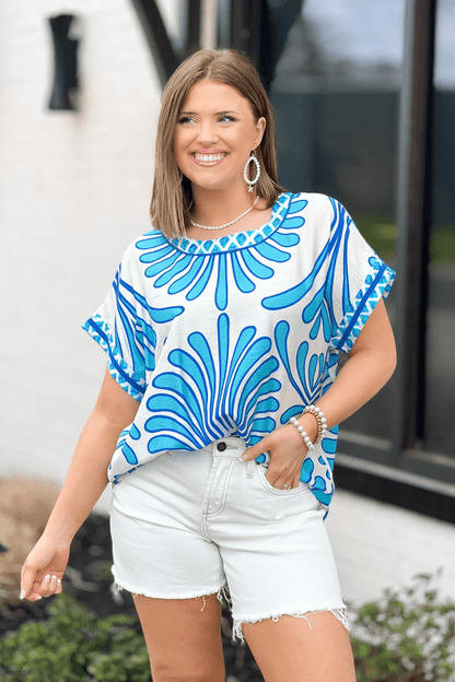 Paraiba Round Neck Tie Hem Short Sleeve Top - Lavish Boutique Tops