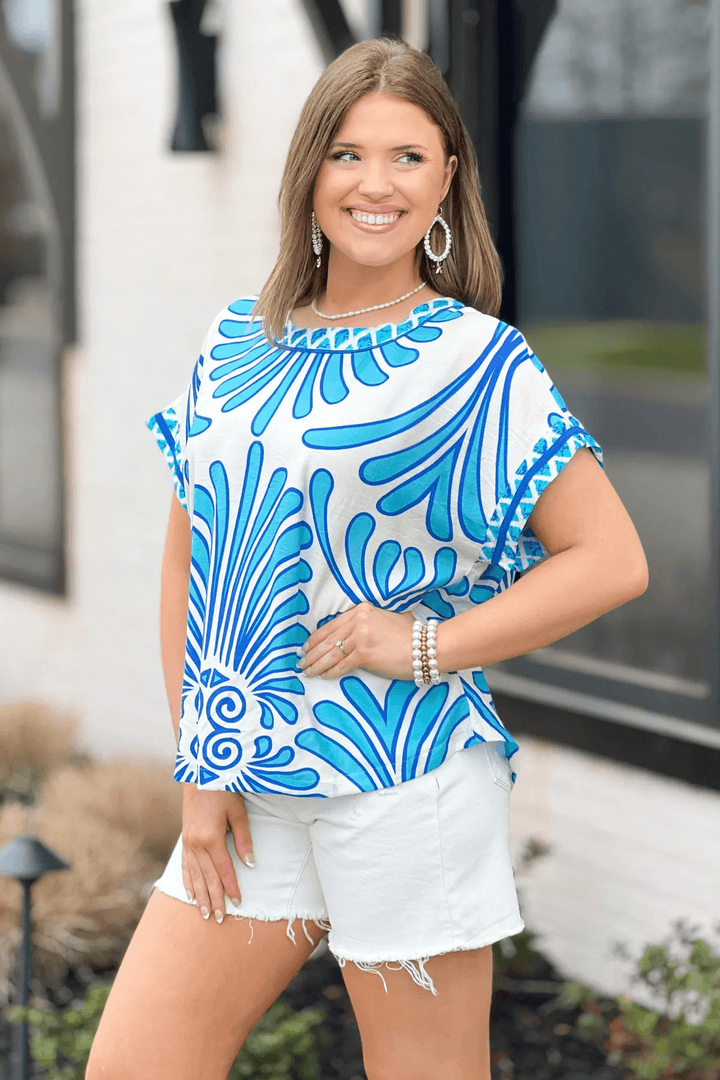 Paraiba Round Neck Tie Hem Short Sleeve Top - Lavish Boutique Tops