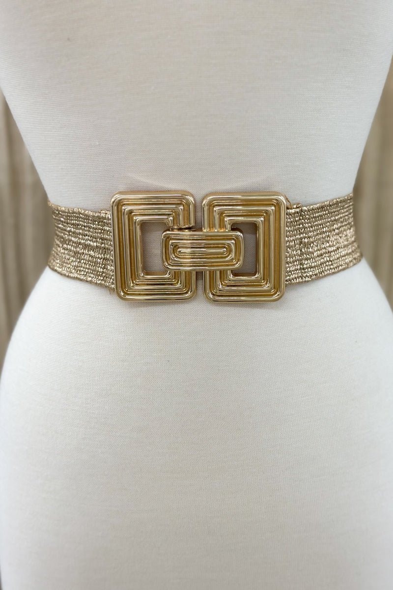 Gold Ribbed Rectangle Buckle Metallic Belt