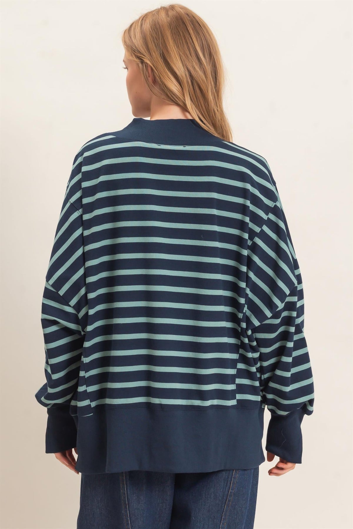 Hyfve Striped Mock Neck Sweatshirt in Navy/Sage
