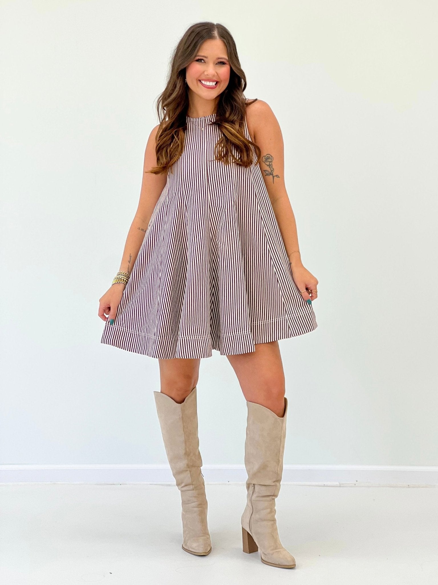 Brown striped shift dress