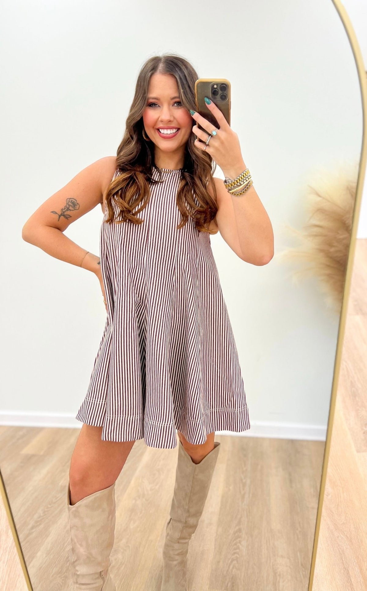 Brown stripe dress in a relaxed shift silhouette