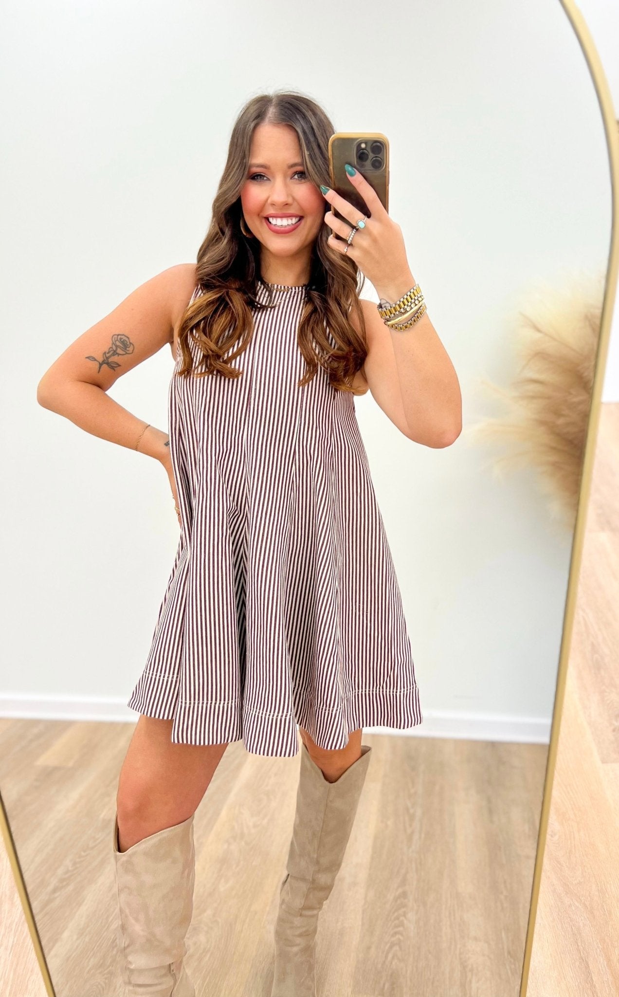 Brown stripe dress in a relaxed shift silhouette