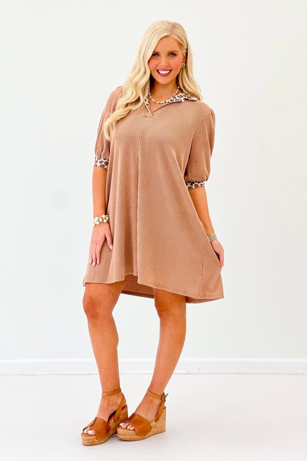 Ribbed knit dress in a warm gold brown