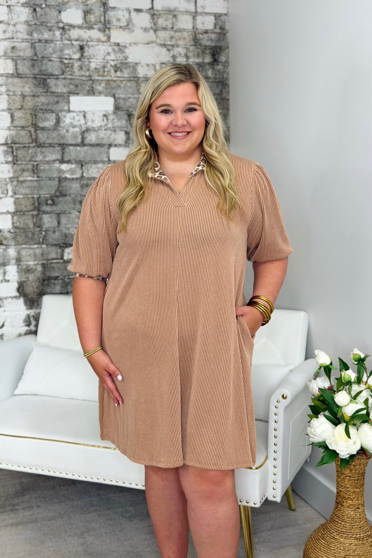 Peanut butter toned ribbed dress in an easy pull-on shape