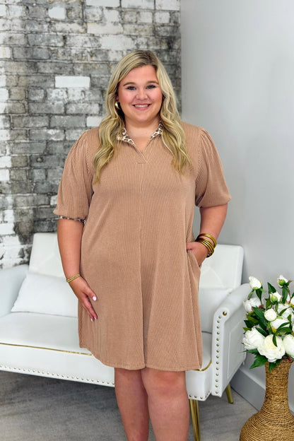 Peanut butter toned ribbed dress in an easy pull-on shape
