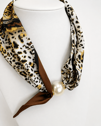 Leopard and pearl scarf necklace in an extra-long strand