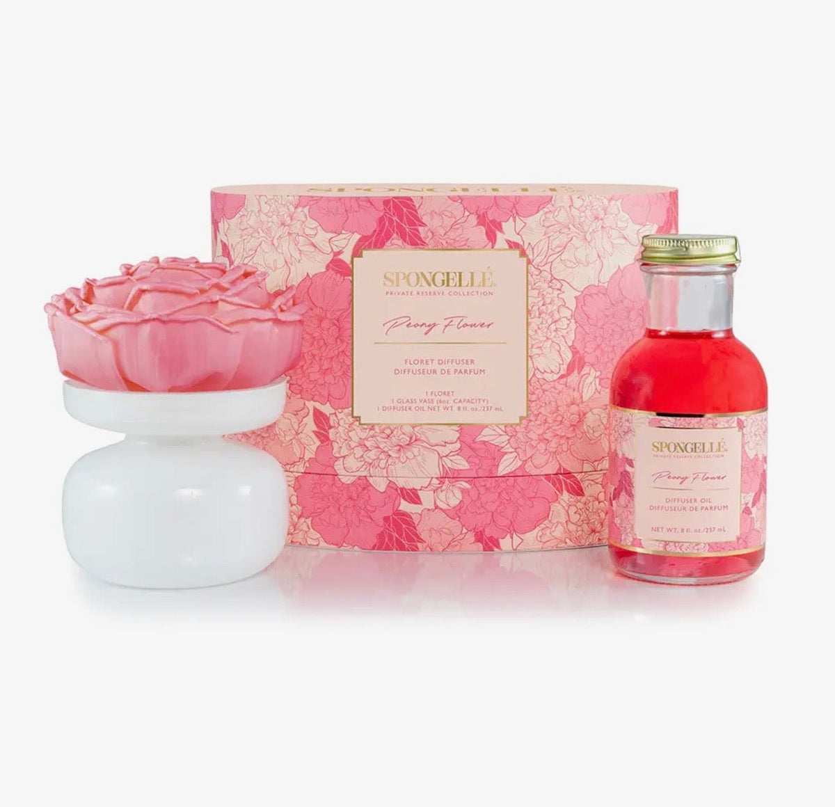 Reed diffuser gift set with a peony flower floret topper