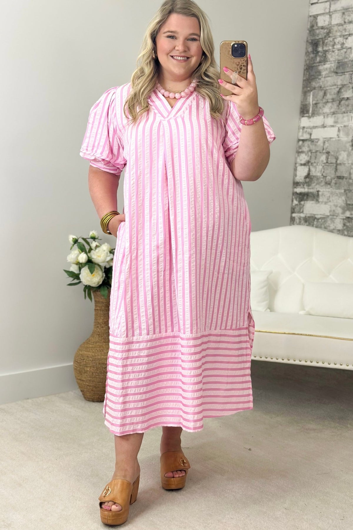 Open collar stripe dress in a soft cotton blend