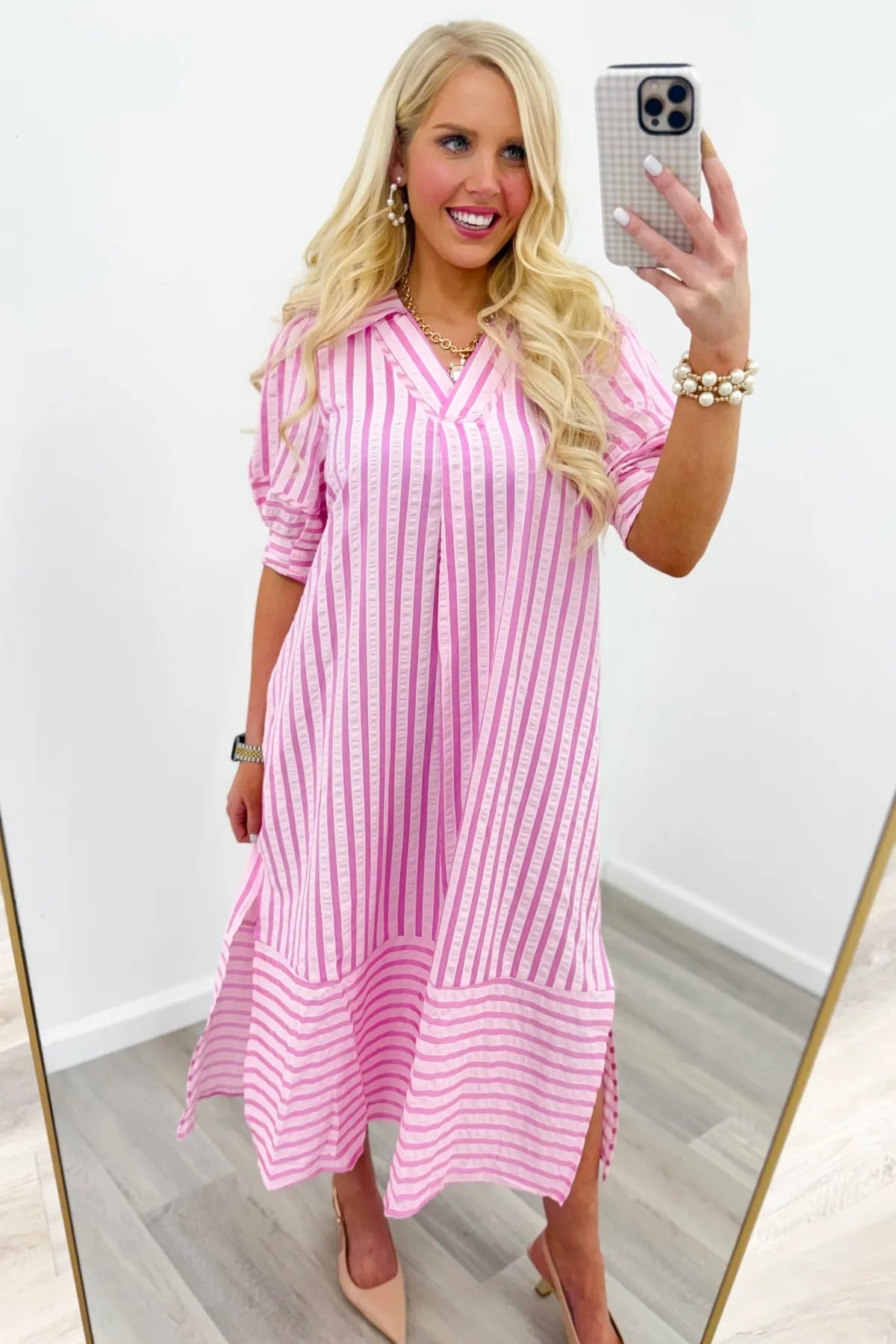 Breathable striped midi dress with a notched open collar