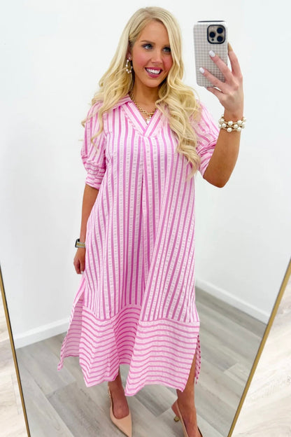 Breathable striped midi dress with a notched open collar