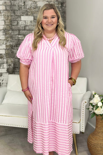 Striped midi dress with a relaxed drape and open collar