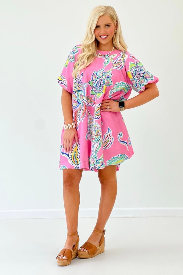 Printed dress with bubble sleeves and a relaxed oversized fit