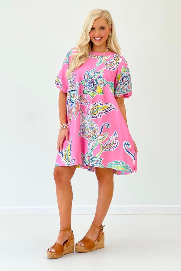Bubble sleeve dress in a vibrant allover print