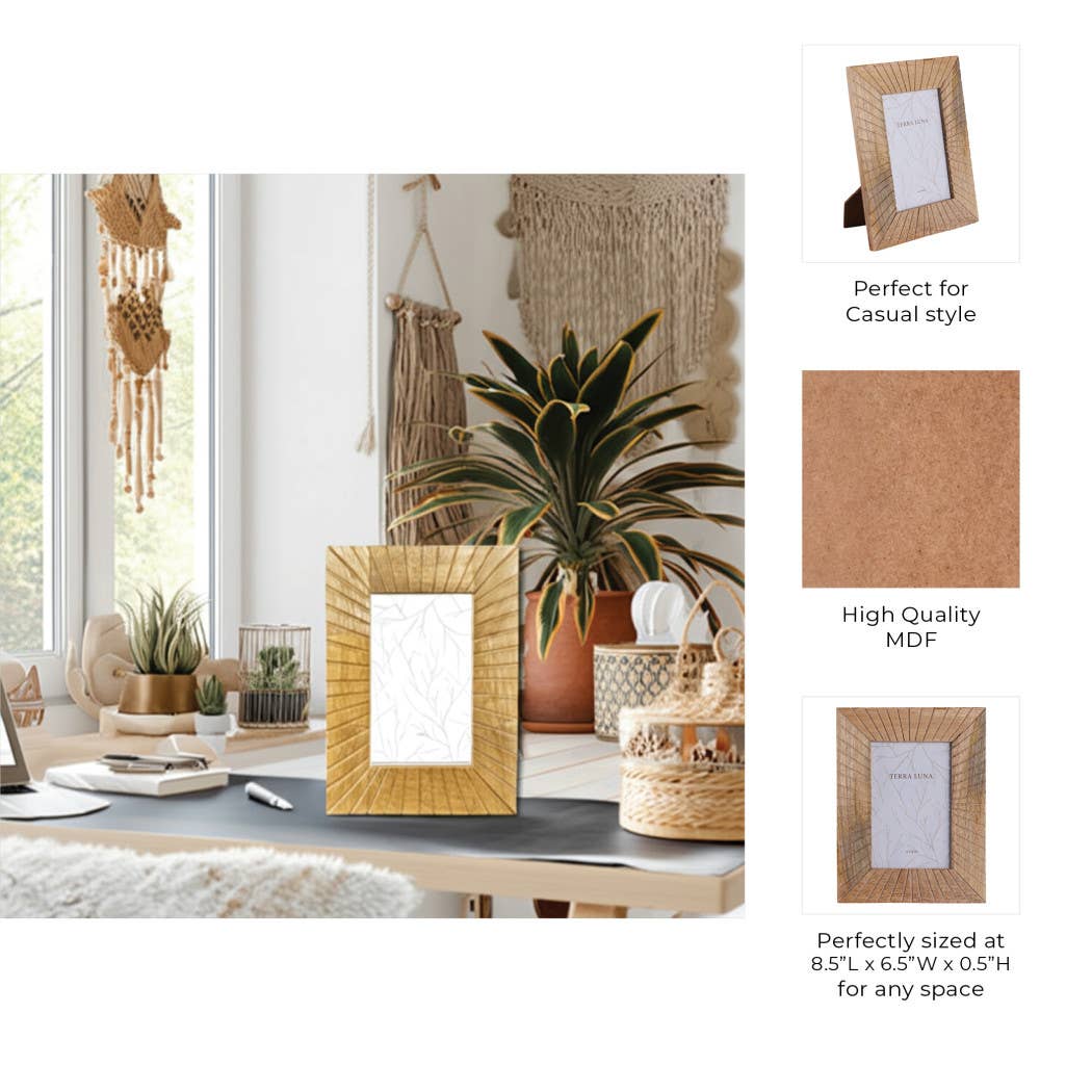 Light natural wood photo frame with starburst detailing