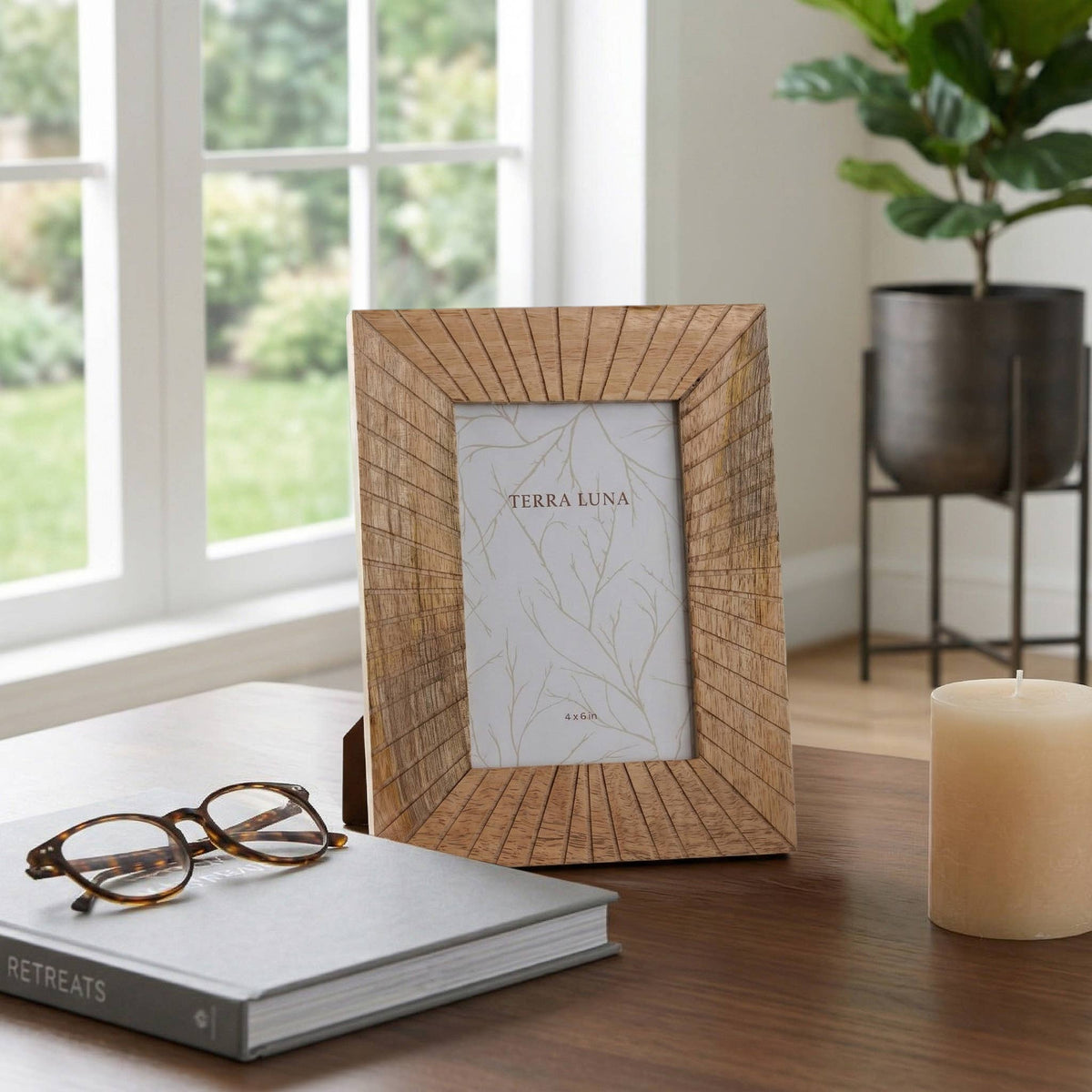 Natural wood frame with rays radiating from a 4x6 opening