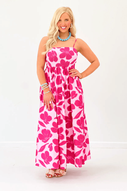 Two-tone pink midi dress with a smocked, zipperless bodice