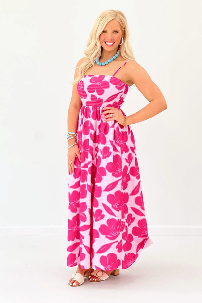 Pink and fuchsia midi dress with a stretchy smocked bodice